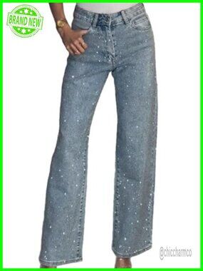 Womens Rhinestone Baggy Wide Leg High Waist Y2K Sparkly Denim Jeans